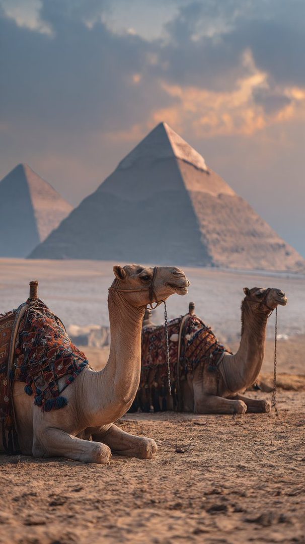 Two camels resting in front of the pyramids of Giza at sunrise, with a soft, dreamy atmosphere.