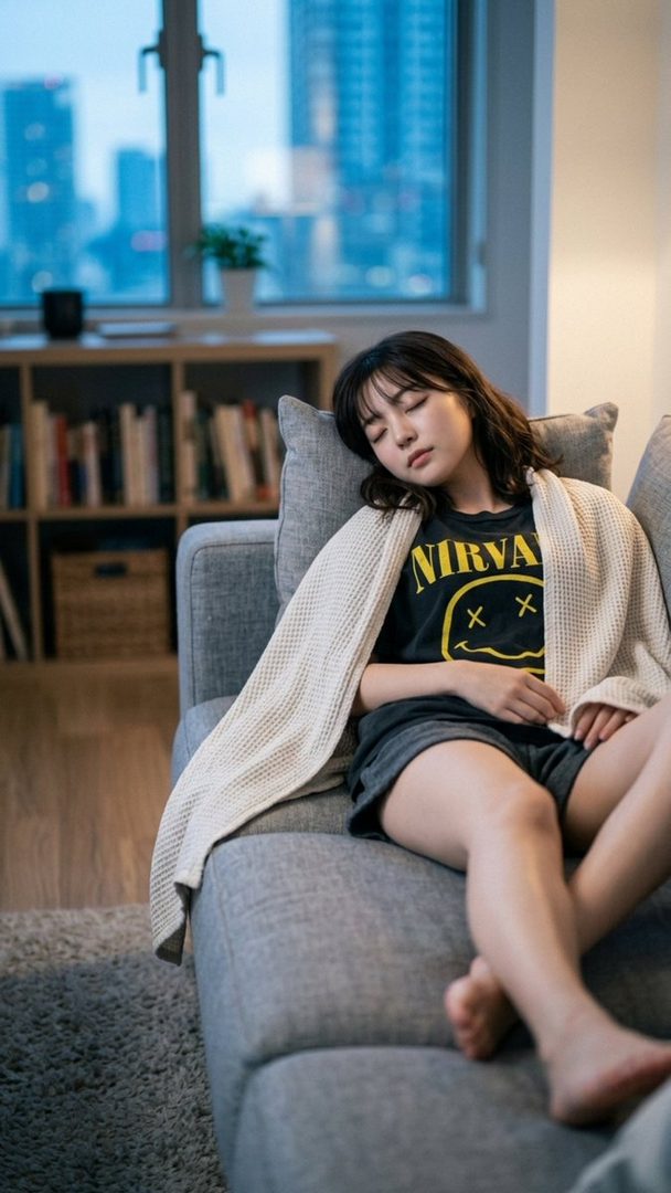 A young woman with dark hair and bangs is sleeping on a gray sofa, covered by a light-colored blanket, in a cozy living room with a city view outside the window.