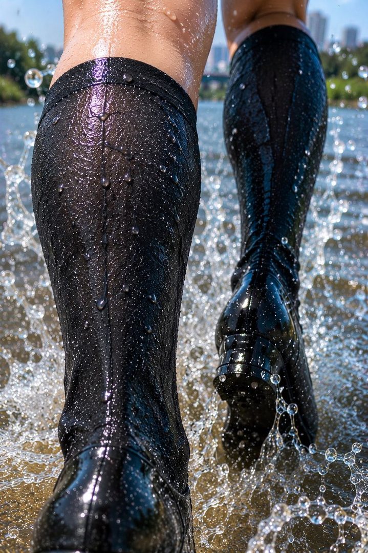 A person wearing black knee-high socks and shiny black boots walks through water, creating splashes.