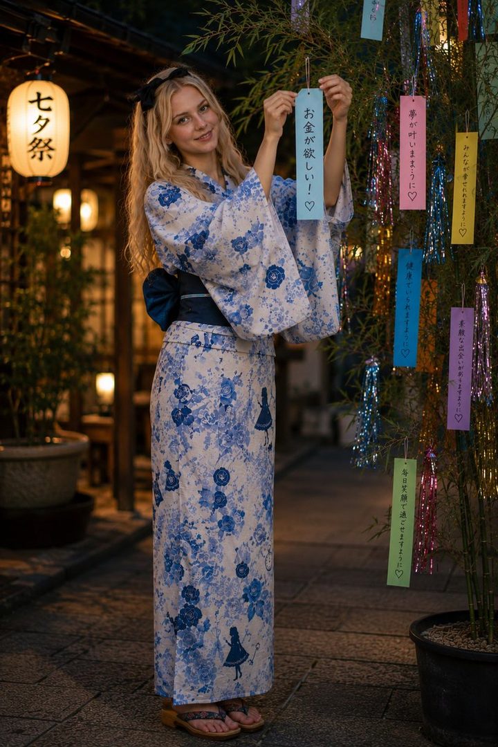 A young woman in a blue and white floral yukata stands outdoors at night, holding a tanzaku wish strip near a decorated bamboo tree.