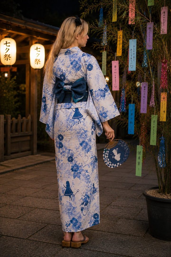 A woman in a blue and white floral yukata with an Alice in Wonderland motif stands outdoors at night, holding a fan, with traditional Japanese lanterns and a Tanabata tree in the background.
