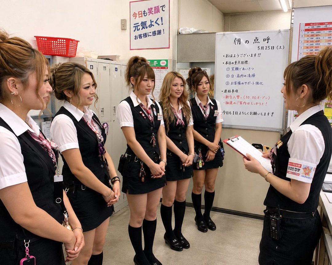 Six Japanese women in uniform are standing in an indoor setting, listening to one of them who is holding a clipboard.