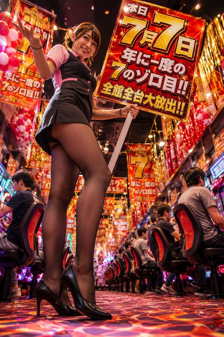 A smiling young woman in a black uniform and pantyhose holds a large sign in a brightly lit pachinko parlor.