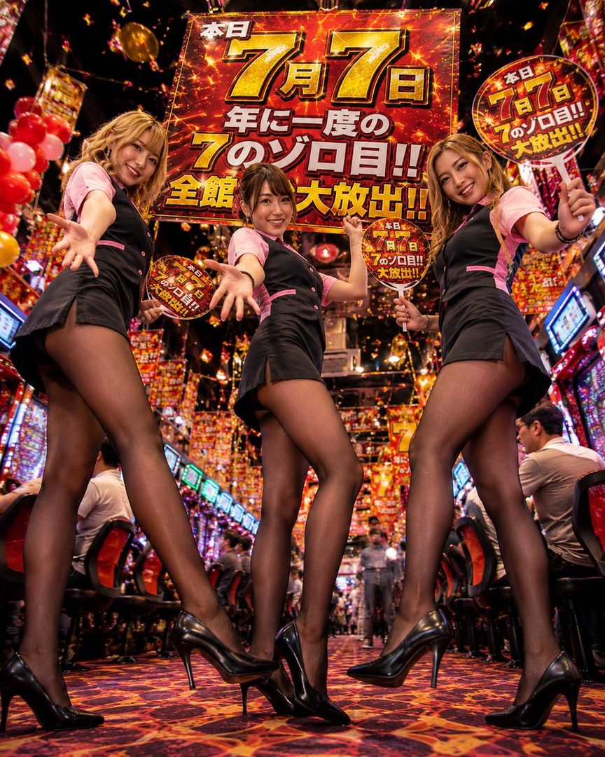 Three young women in matching black and pink outfits pose in a brightly lit casino, holding signs that say 'July 7th' and 'Once a year 7's day'.