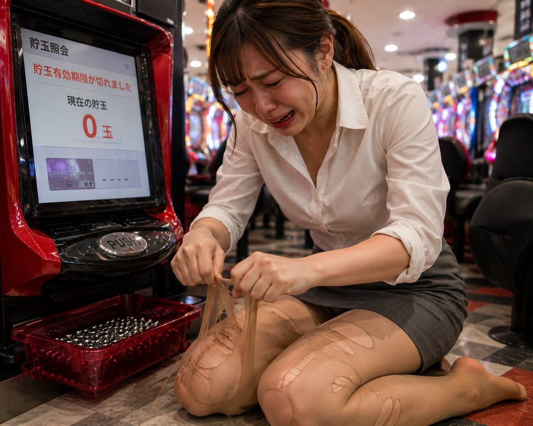 A crying woman in a white shirt and grey skirt kneels in front of a slot machine, her ripped stockings showing. The screen displays '0 balls'.