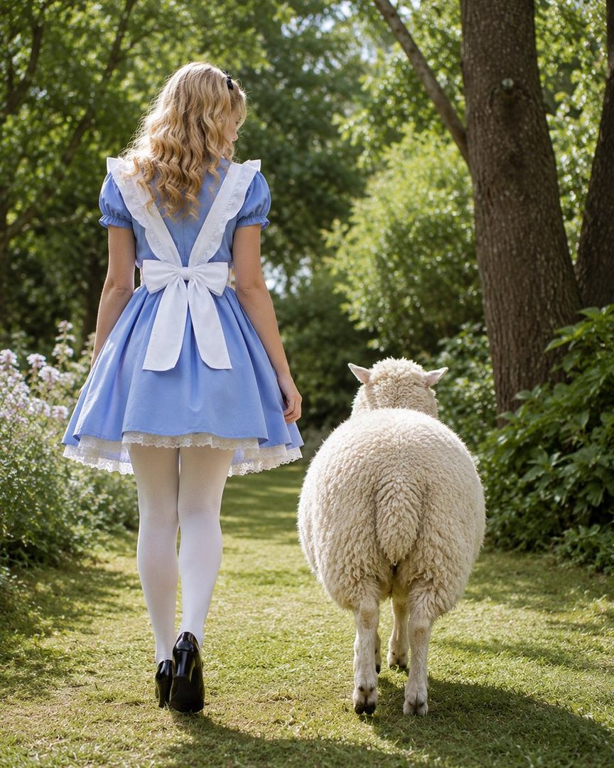 A woman in an Alice in Wonderland costume walks with a sheep in a garden.