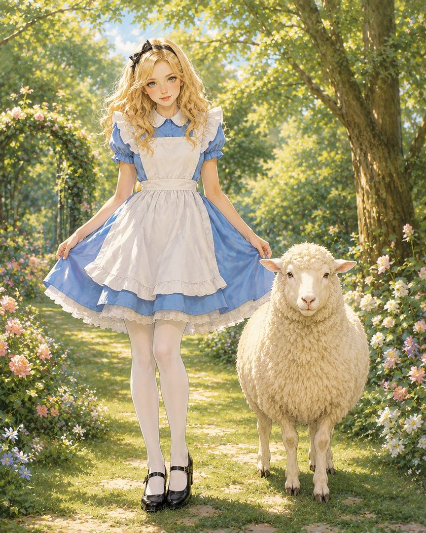 A young woman dressed as Alice in Wonderland stands next to a sheep in a lush garden.