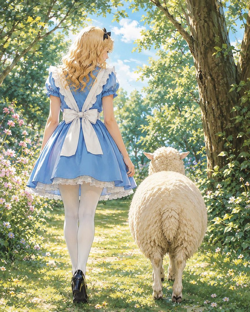 A young woman in an Alice in Wonderland costume walks with a sheep in a sun-dappled garden.