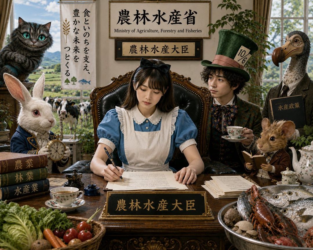 A young woman dressed as Alice in Wonderland sits at a desk, signing a document, surrounded by anthropomorphic animals and a backdrop referencing the Ministry of Agriculture, Forestry and Fisheries.