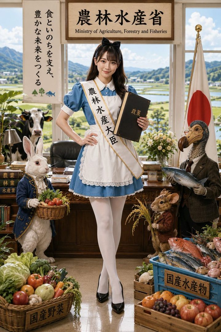 A young woman dressed as Alice in Wonderland, wearing a sash that reads 'Minister of Agriculture, Forestry and Fisheries', stands in an office setting with agricultural products and anthropomorphic animals.
