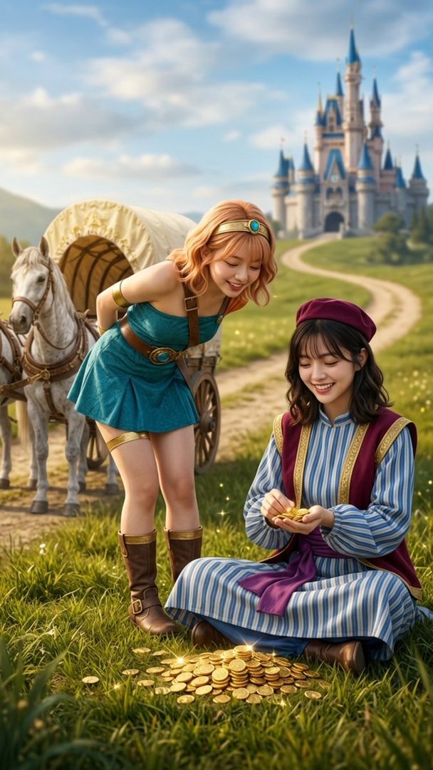 Two young women in fantasy attire are counting a pile of gold coins in a grassy field with a castle and horse-drawn wagon in the background.