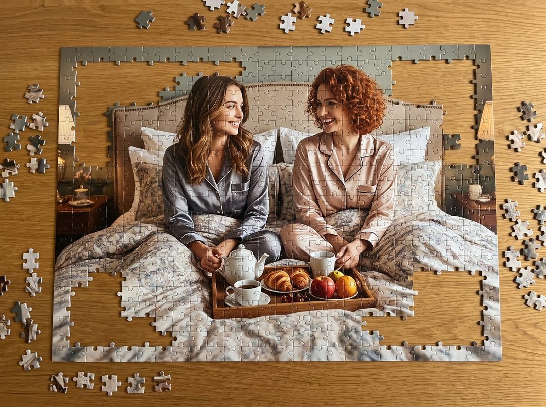 Two young women in pajamas are sitting on a bed, smiling at each other, with a breakfast tray in front of them.