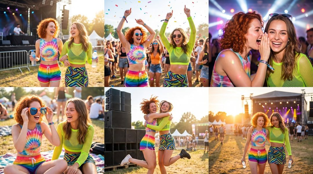 Two young women in colorful festival outfits laughing and enjoying themselves at an outdoor music festival.