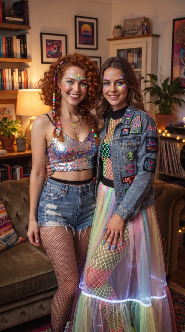 Two young women in colorful, glittery rave outfits with face gems, posing indoors.