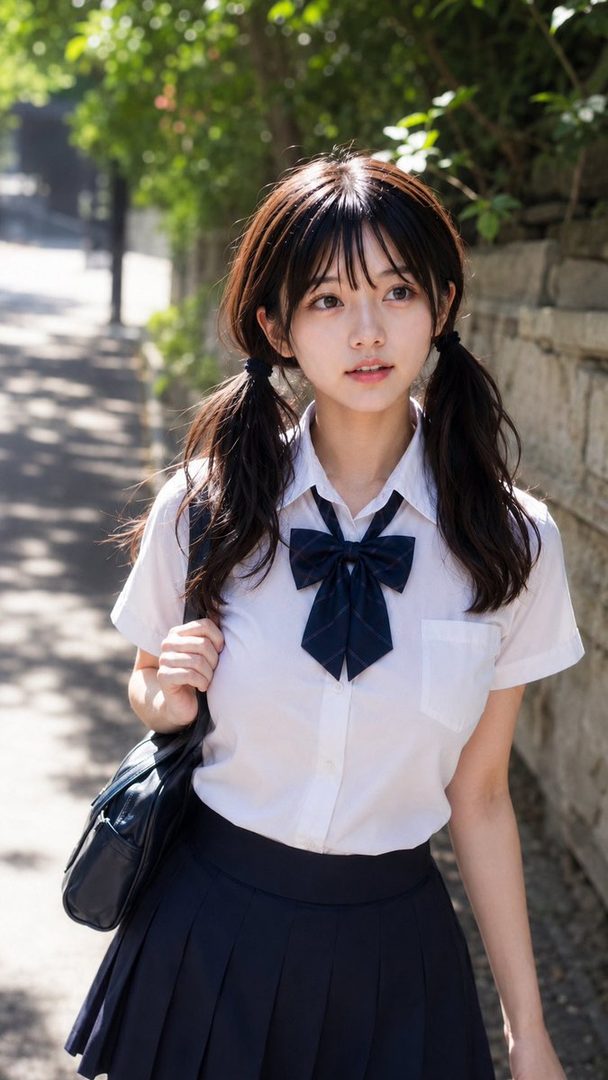 A young woman with dark hair in pigtails, wearing a white school uniform shirt and a dark pleated skirt, walks outdoors.