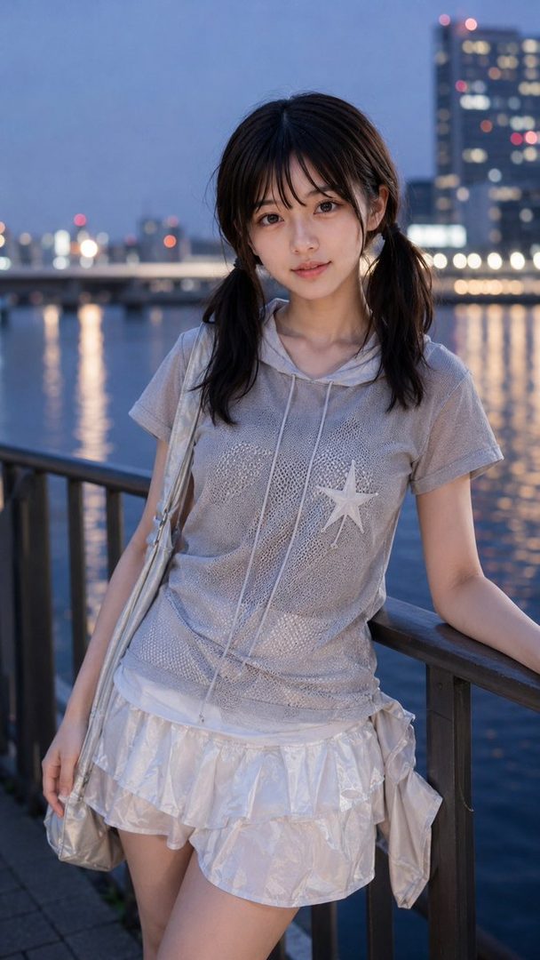 A young woman with black hair in twintails, wearing a grey hoodie-like top and a white ruffled skirt, poses outdoors at night with a city skyline in the background.