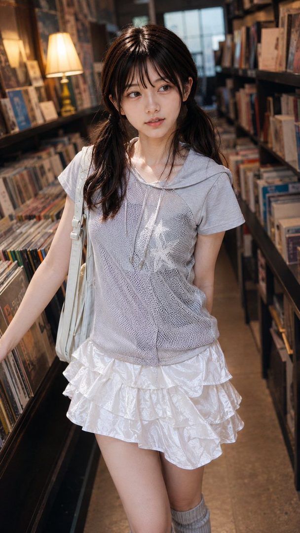 A young woman with dark hair in pigtails, wearing a grey hoodie and a white ruffled skirt, stands in a bookstore.