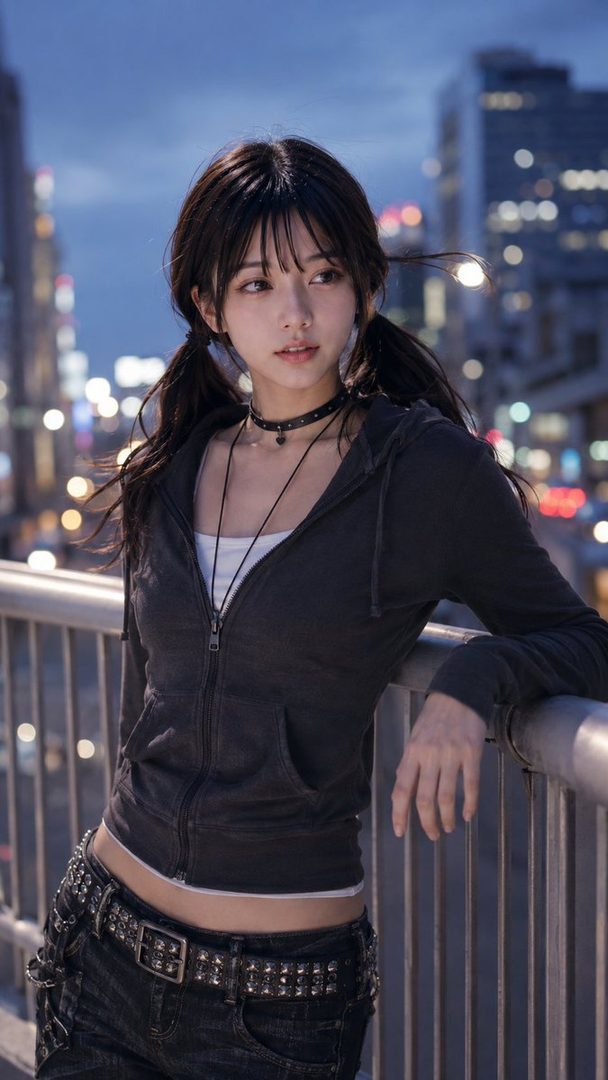 A young woman with black hair in pigtails, wearing a dark hoodie and jeans, poses on a city bridge at night.