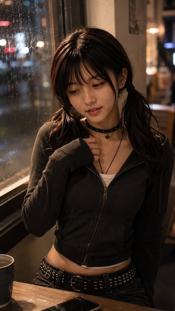 A young woman with dark hair in pigtails, wearing a dark zip-up hoodie and a studded belt, sits indoors by a window at night.