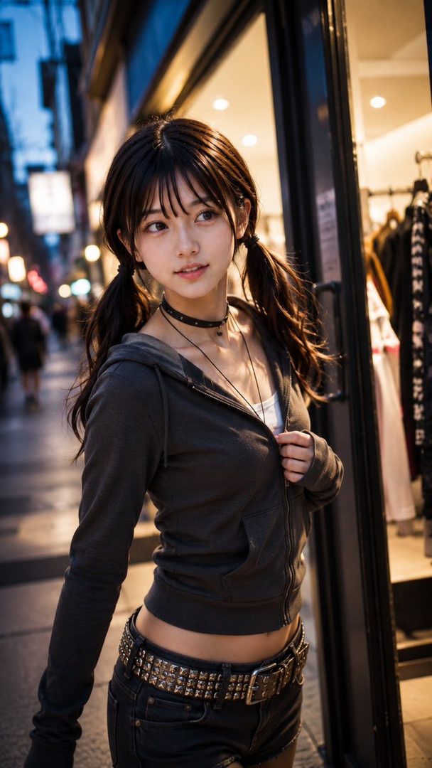A young woman with brown hair in pigtails, wearing a dark hoodie and shorts, stands on a city street at dusk.