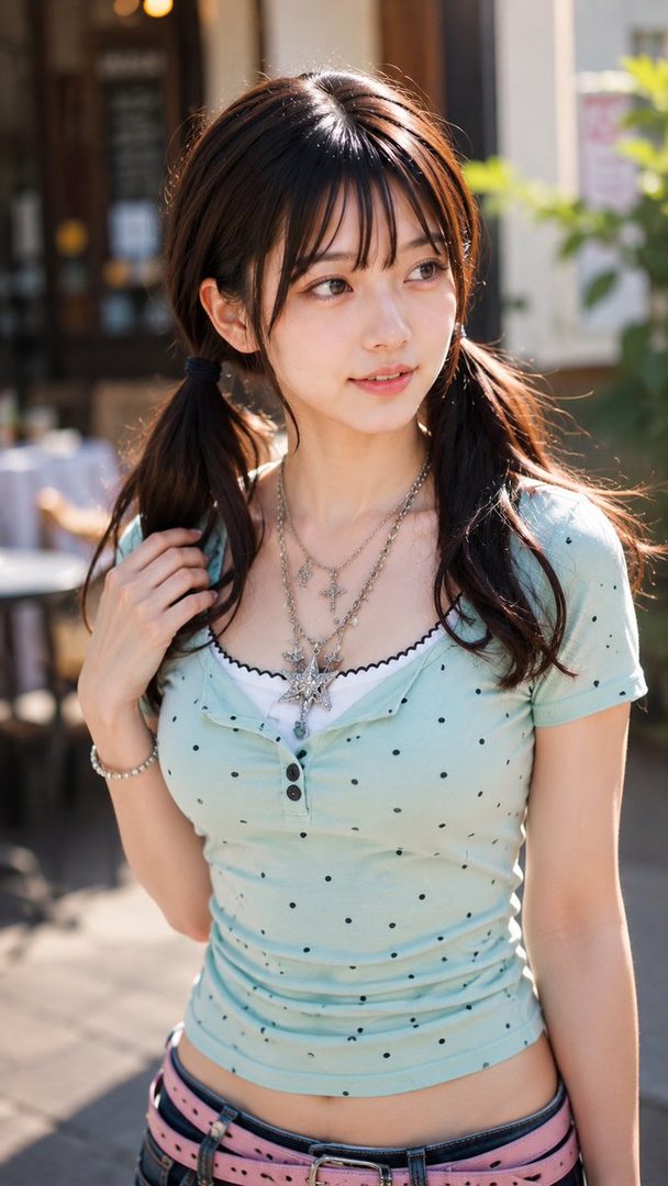 A young Japanese woman with dark hair in pigtails, wearing a light blue polka dot top and jeans, smiles softly outdoors.