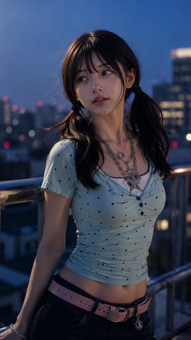 A young woman with dark hair in pigtails, wearing a light blue polka dot top and jeans, poses on a rooftop at night with a city skyline in the background.