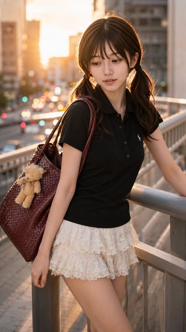 A young woman with brown hair in pigtails, wearing a black polo shirt and a white lace skirt, stands on a bridge at sunset, holding a large handbag with a teddy bear charm.