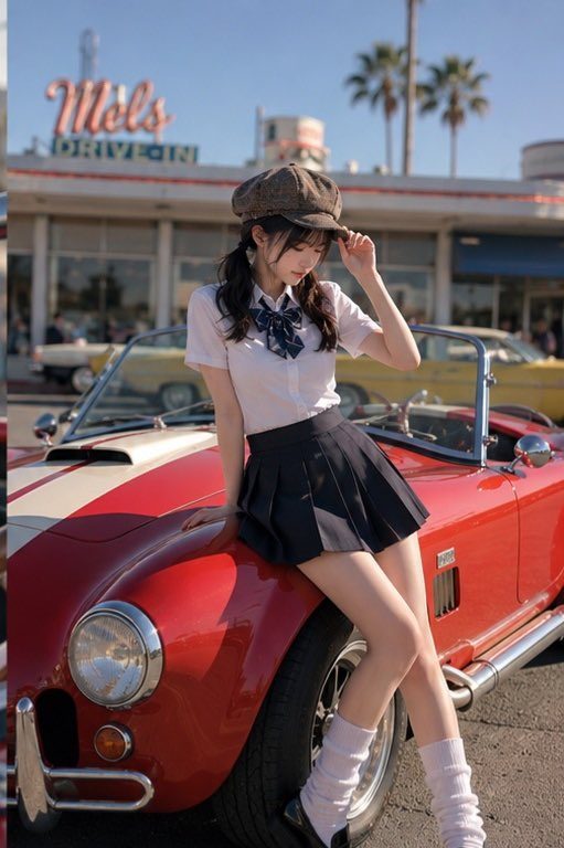 A young woman in a school uniform poses by a vintage red convertible car in front of a retro diner.