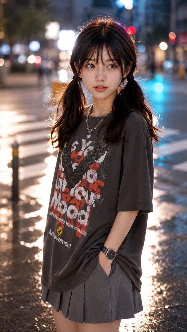 A young East Asian woman with dark hair in pigtails, wearing a graphic t-shirt and pleated skirt, stands on a wet city street at night.