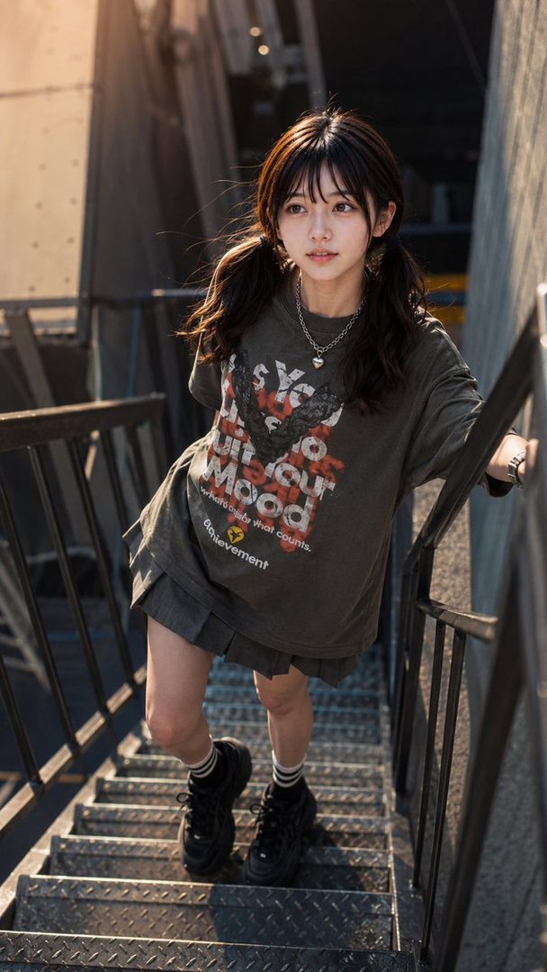A young woman with brown hair in pigtails, wearing a dark t-shirt and a pleated skirt, stands on an outdoor metal staircase.