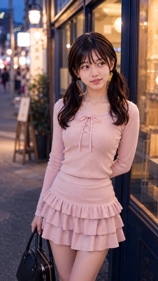 A young Japanese woman with dark hair in pigtails, wearing a pink lace-up top and a ruffled skirt, stands on a city street at dusk.