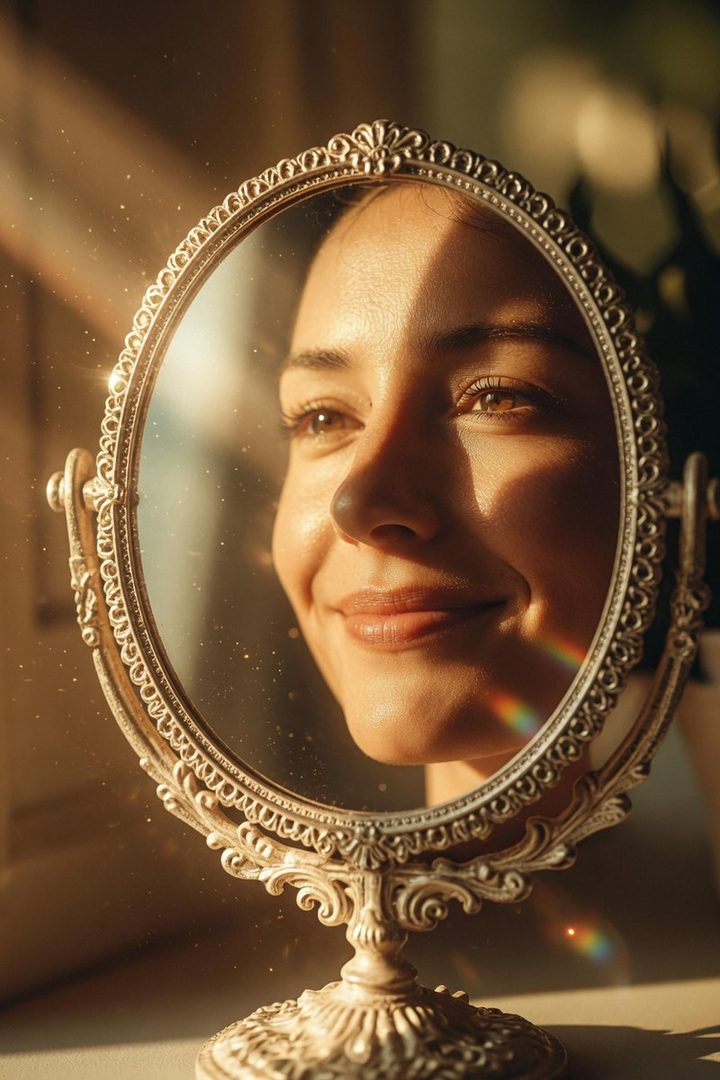 A woman smiles gently as she looks into an ornate vintage mirror, bathed in warm, golden sunlight.