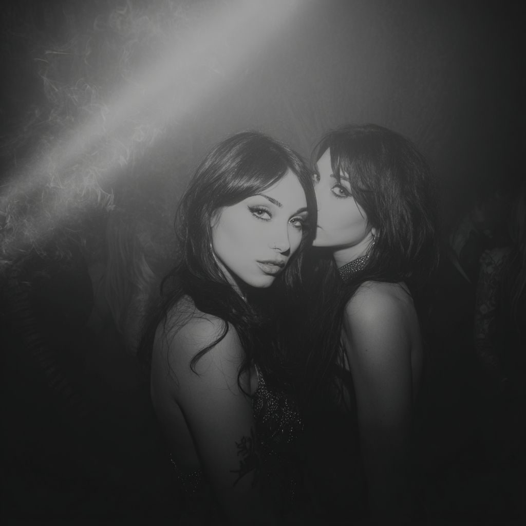 Two young women with long dark hair posing closely together in a dimly lit, smoky environment, one whispering into the other's ear.