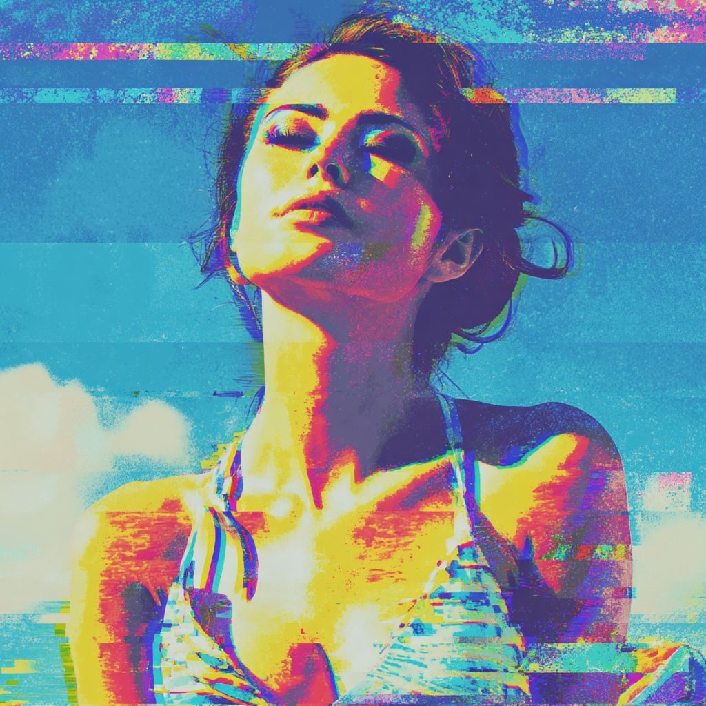A woman in a bikini poses with her eyes closed and face tilted towards the sun, with a colorful glitch art effect applied.