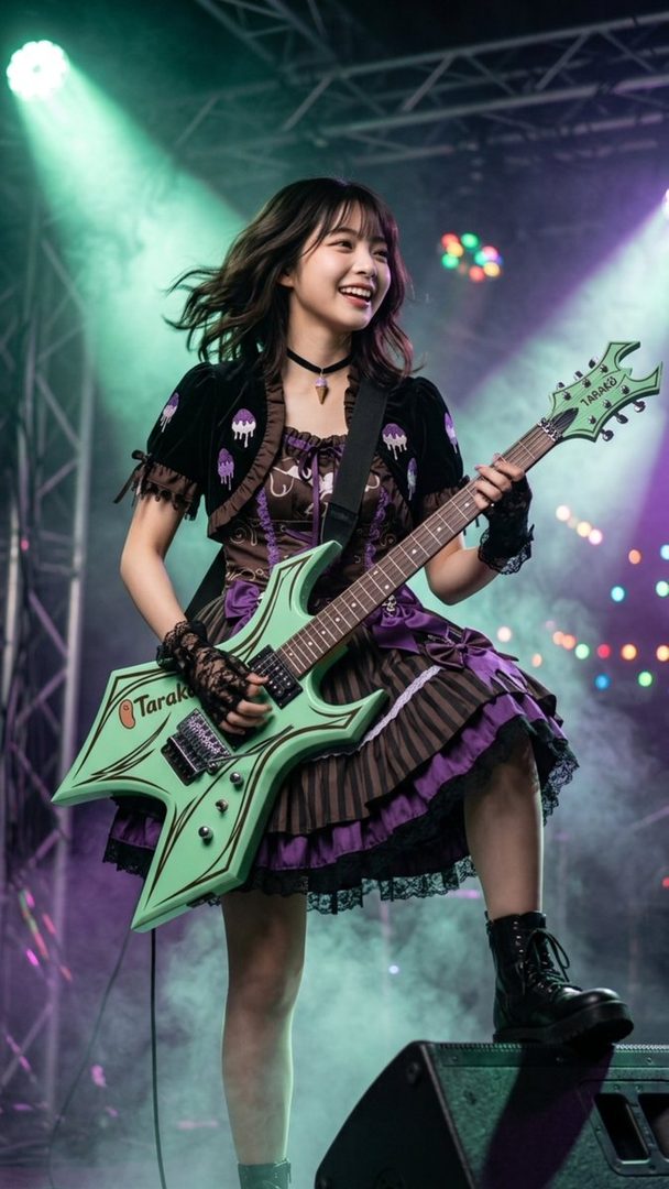 A young woman with dark brown hair, dressed in a gothic lolita style outfit with purple and brown, plays a mint green electric guitar on a stage with vibrant green and purple lighting.