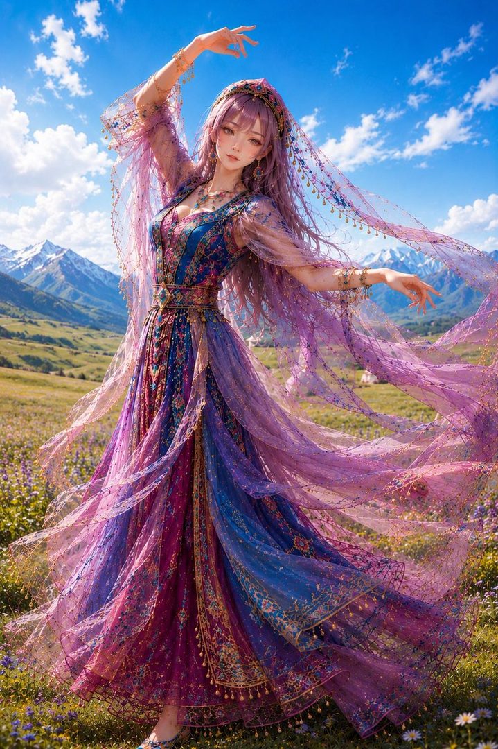 A young woman with long purple hair dances in a flowing, colorful dress in a field of flowers with mountains in the background.