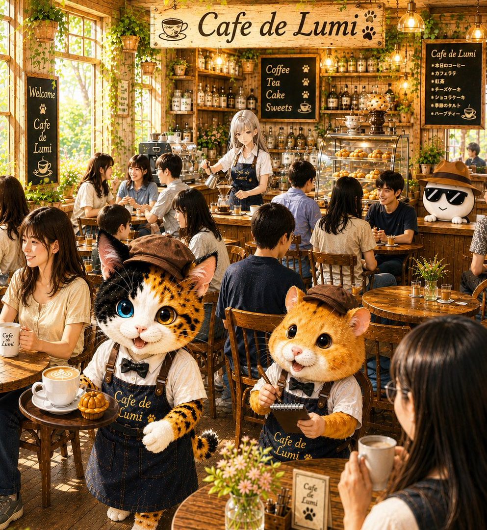 A lively cafe scene with anthropomorphic cat characters serving customers, featuring a mix of AI-generated humans and stylized animals in a photorealistic setting.
