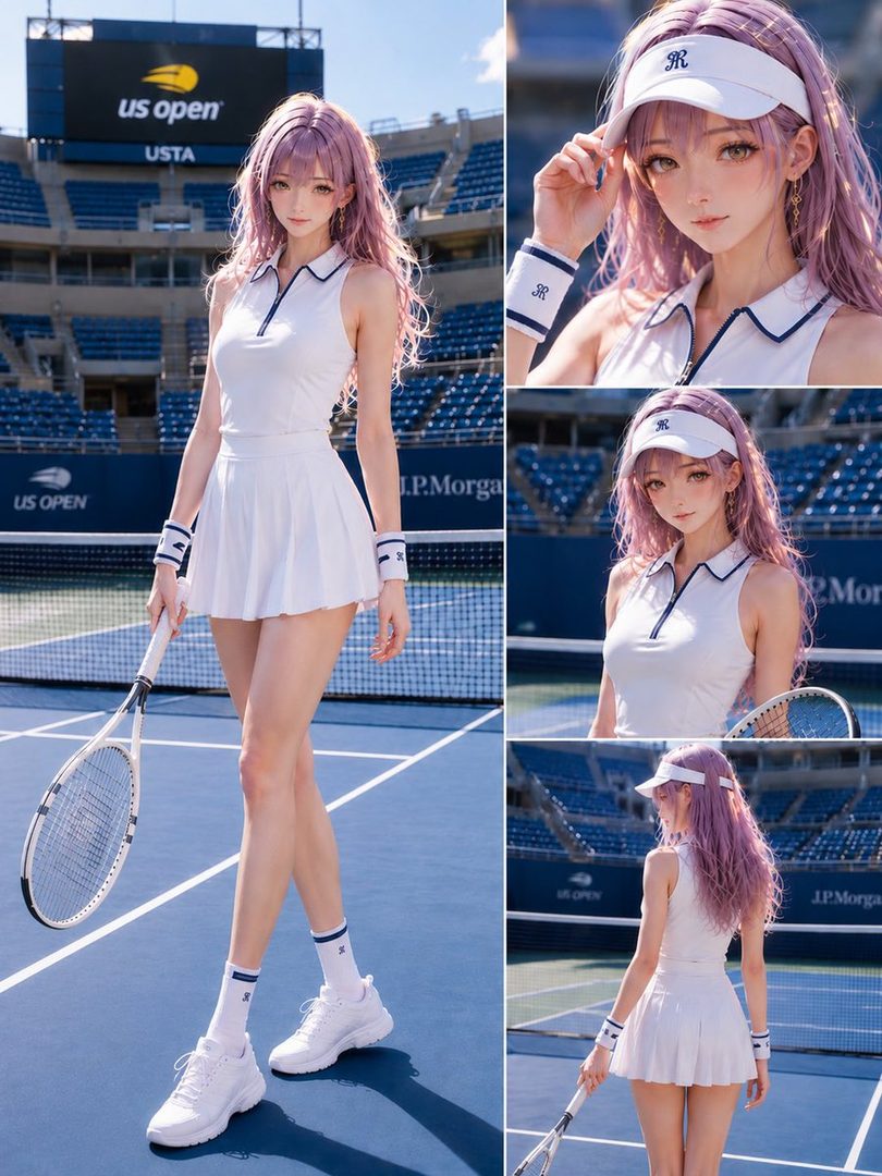 A young woman with long, pink hair poses on a tennis court, wearing a white tennis outfit and holding a racket.