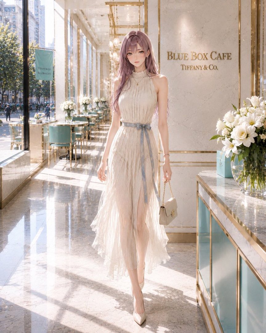 A young woman with purple hair walks through a bright, elegant cafe, wearing a flowing cream-colored dress and carrying a small handbag.