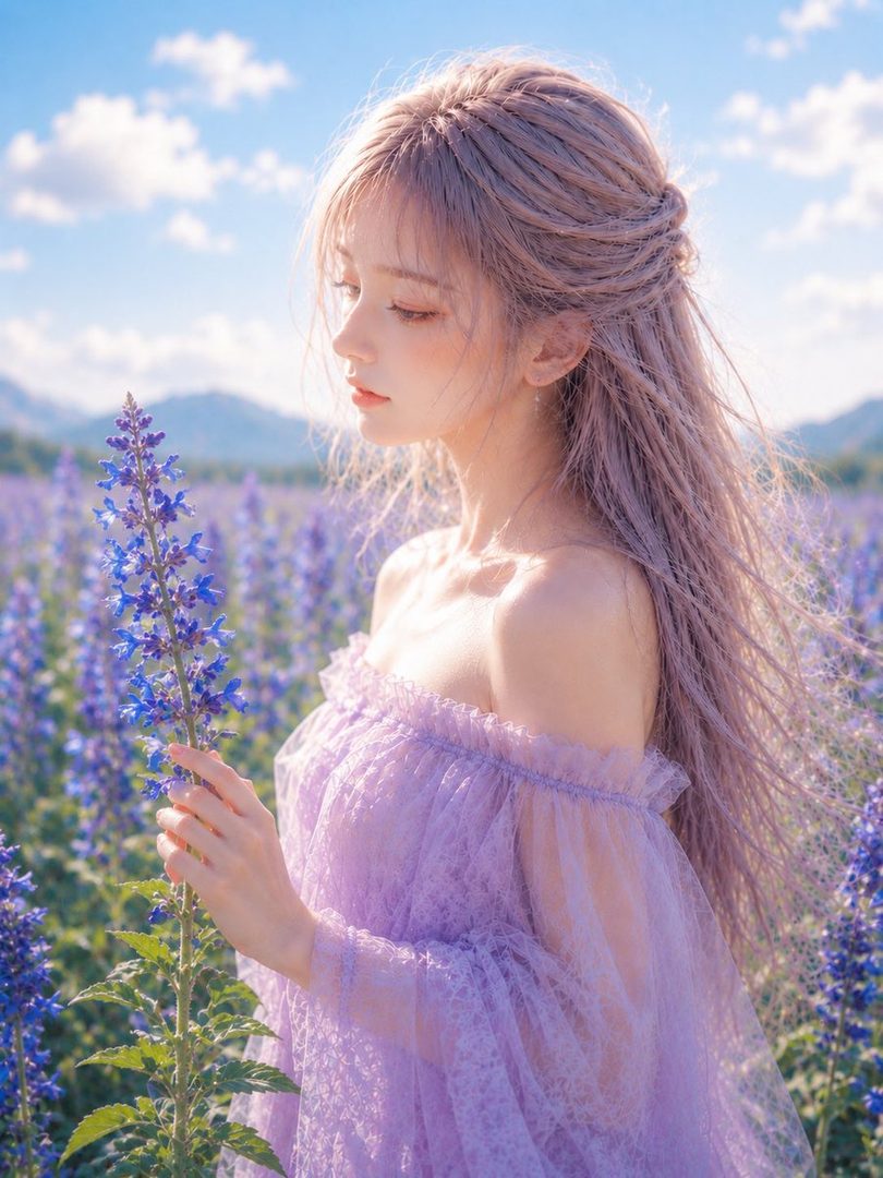 A young woman with long, light purple hair stands in a field of blue salvia flowers, wearing a delicate off-the-shoulder purple dress.