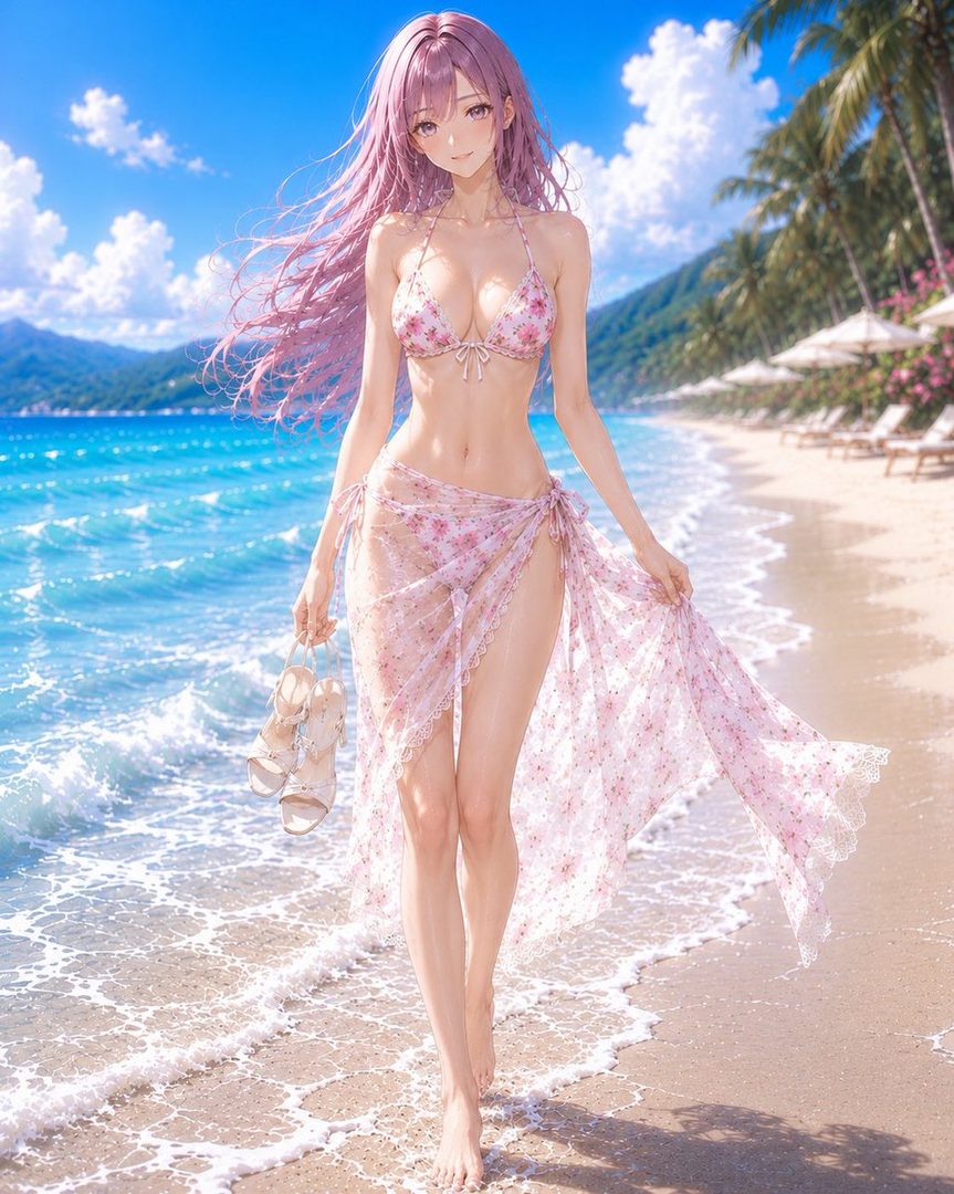 A young woman with long pink hair walks along a tropical beach in a floral bikini and sheer sarong, holding sandals.