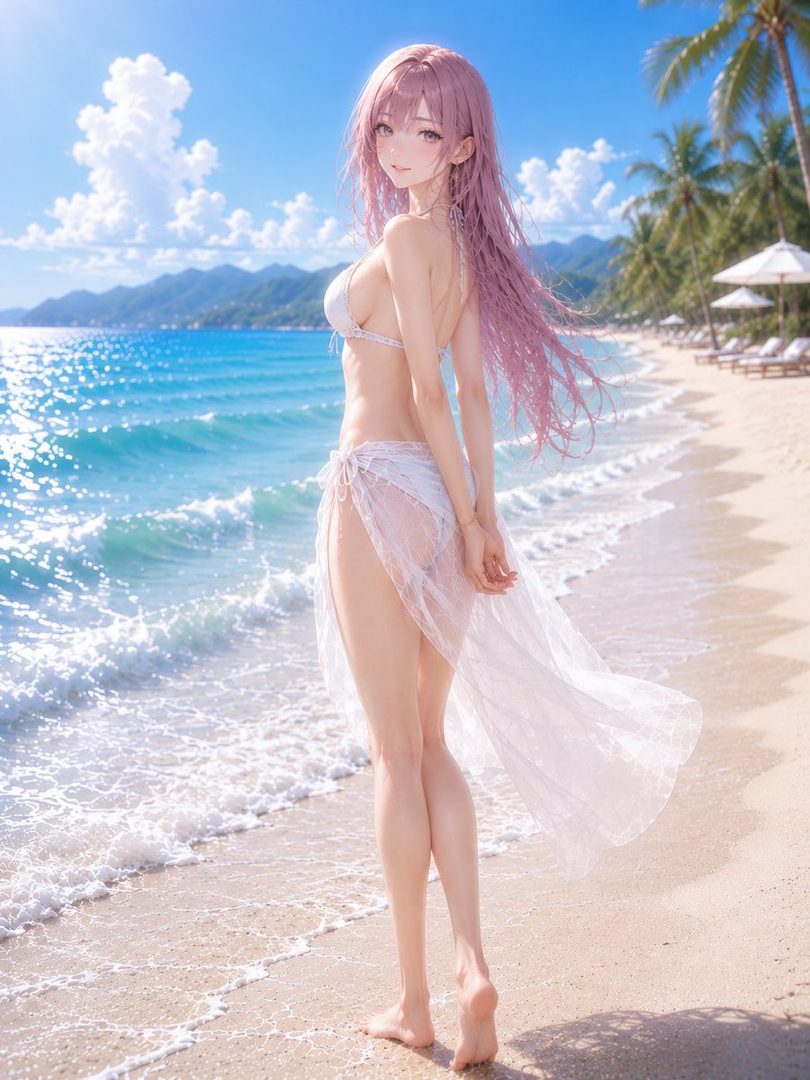 A young woman with long pink hair in a white bikini and sheer skirt stands on a tropical beach, looking back over her shoulder.