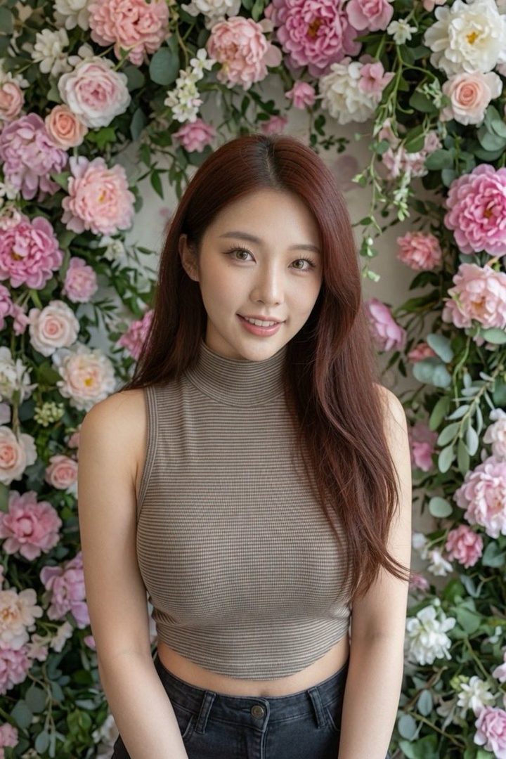 A young East Asian woman with long brown hair smiles gently, posing in front of a backdrop of lush pink and white flowers.