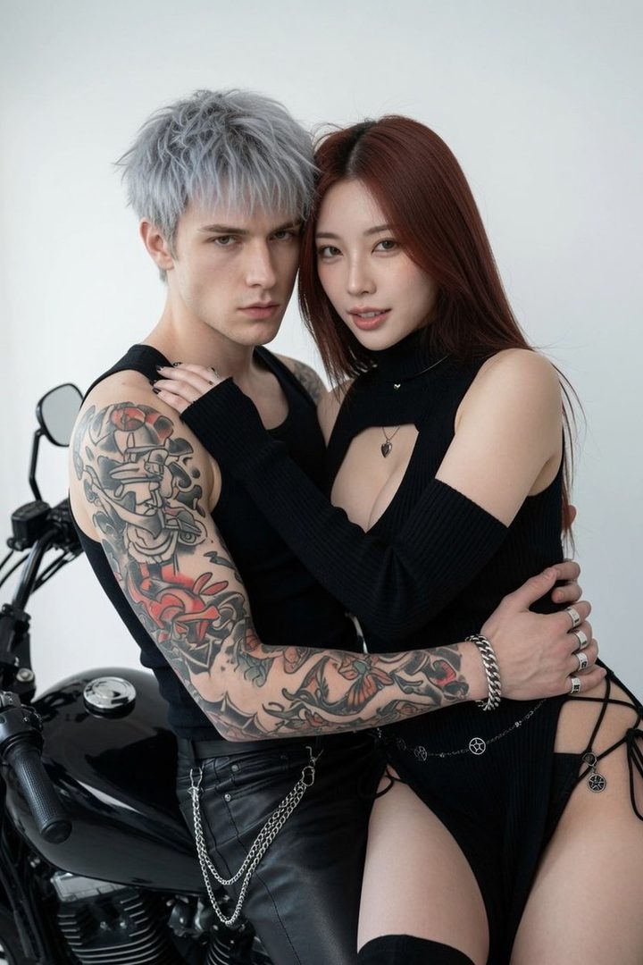 A tattooed man and a woman with long brown hair posing together in front of a motorcycle.