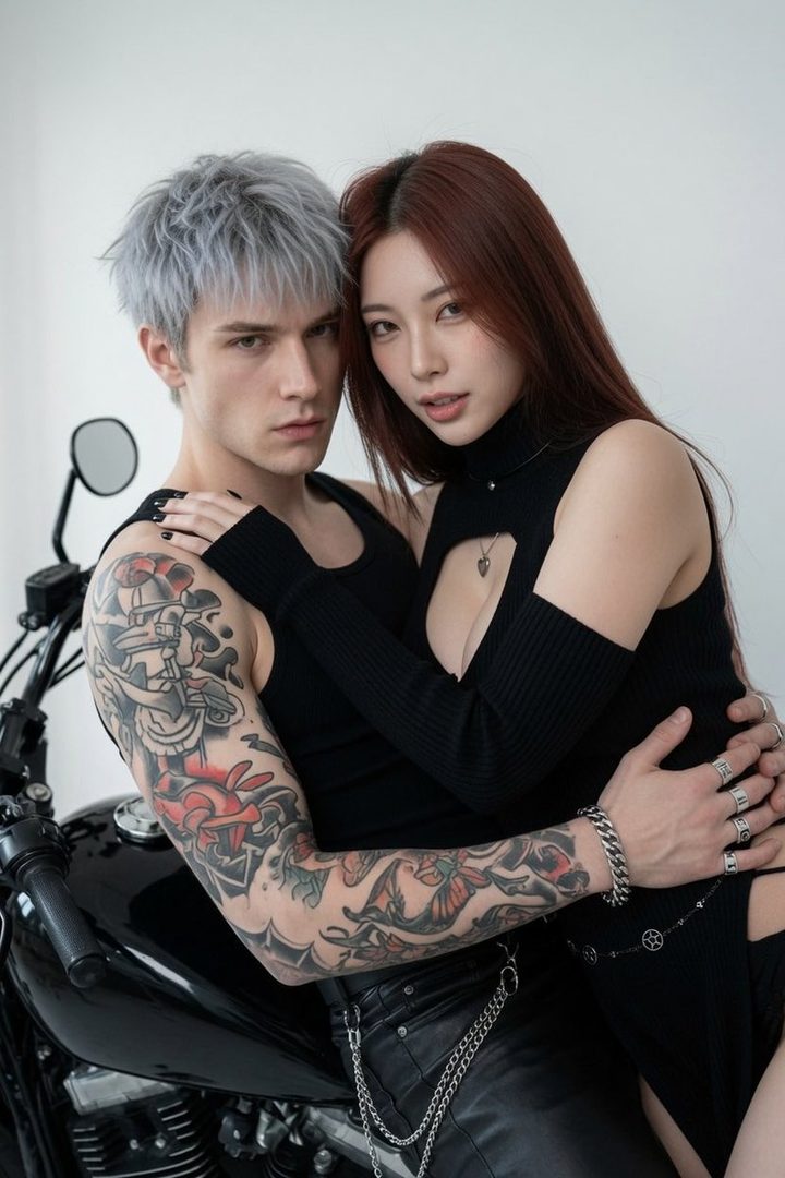 A man with silver hair and tattoos and a woman with long brown hair posing together in front of a motorcycle.
