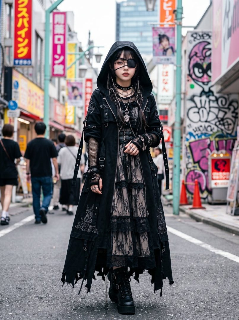 A person in gothic lolita fashion with an eyepatch and a long black hooded coat stands on a city street with graffiti and signs.