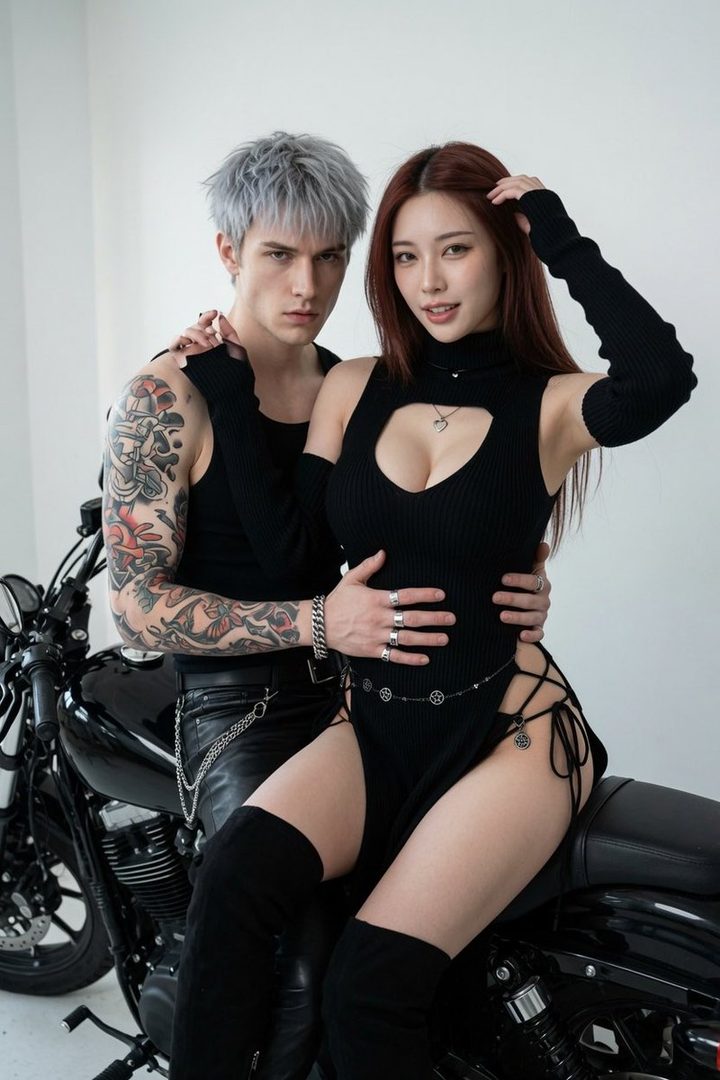 A man and a woman posing on a motorcycle, both wearing black outfits.