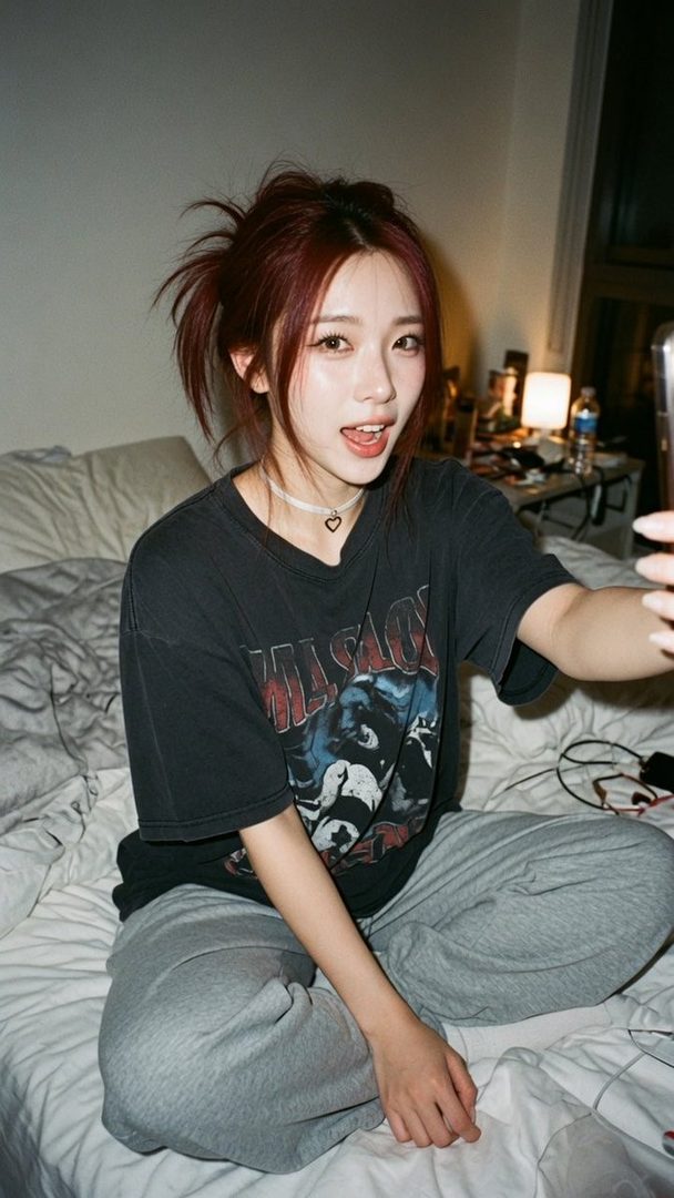 A young East Asian woman with reddish-brown hair tied in a messy ponytail, wearing a black graphic t-shirt and grey sweatpants, sits on a bed and takes a selfie with her phone.