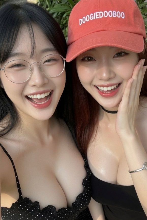 Two young East Asian women smiling brightly, one wearing glasses and a polka dot top, the other wearing a red baseball cap and a black choker.