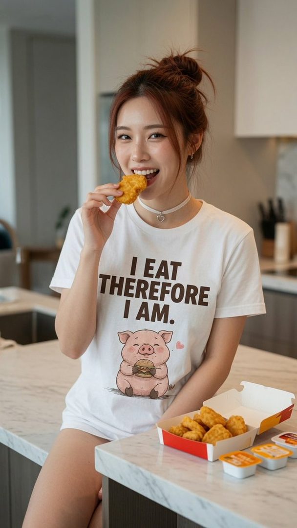 A young East Asian woman with her hair in a bun, wearing a white t-shirt with a pig graphic and text, eats a chicken nugget in a kitchen setting.